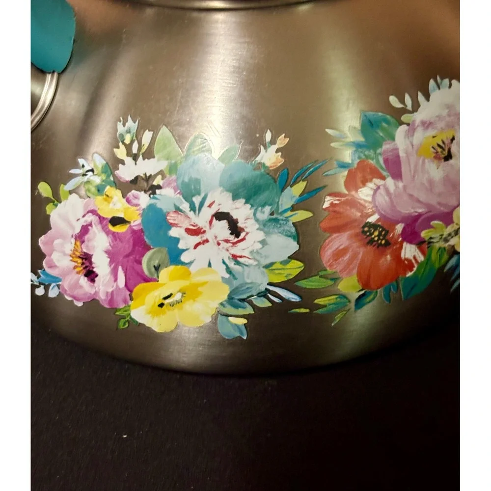 Pioneer Woman Sweet Romance Stainless Steel Whistling Tea Kettle Teal Handle